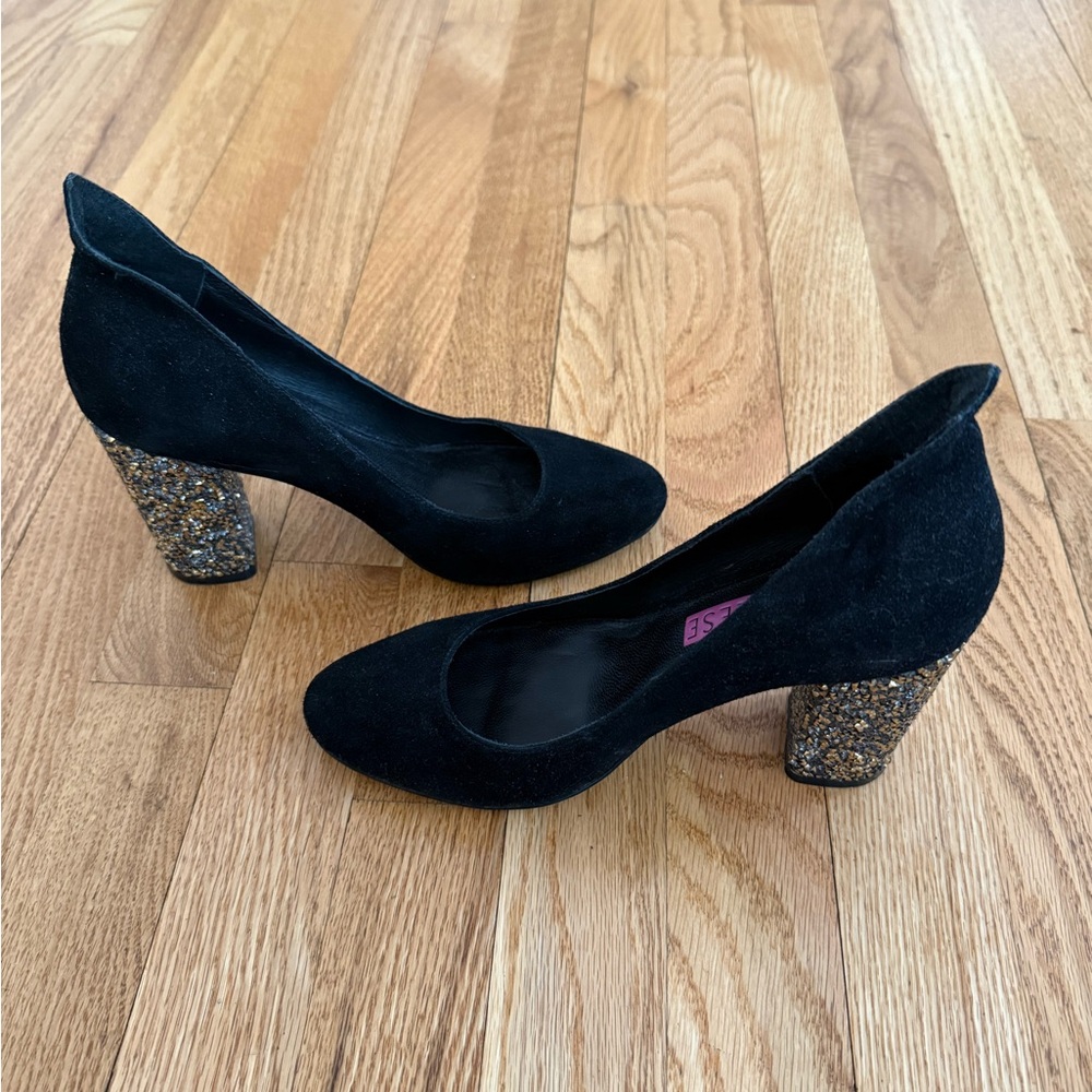 Tracy Reese Elegant Black suede Glitter Heel Pumps never worn